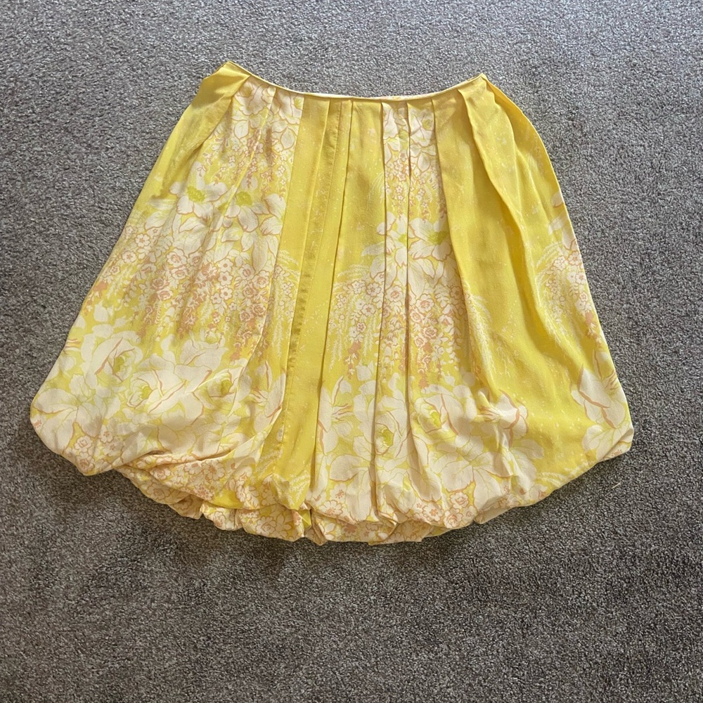 Tracy Reese 100% Silk Yellow Floral Bubble Hem Skirt
